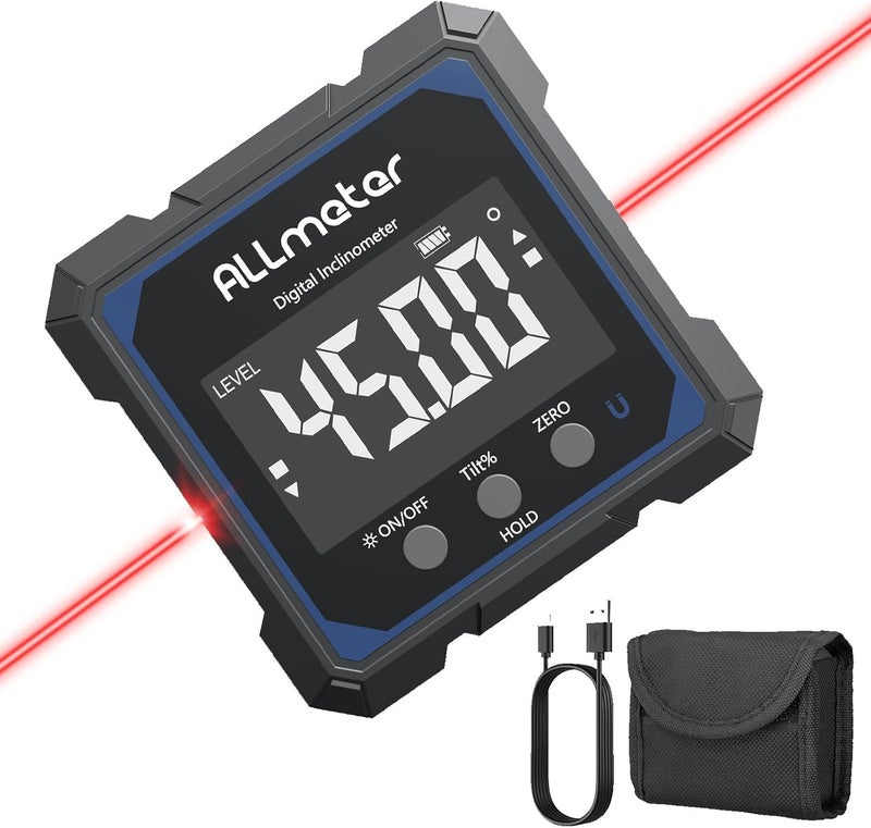 ALLmeter Store USB Rechargeable Digital Angle Finder with Laser – 4-Side Magnetic Inclinometer,0.05° Resolution,IP54 Digital Level with Backlit Display,Protractor Gauge Tool for Woodworking,Construction DIY - Image 1